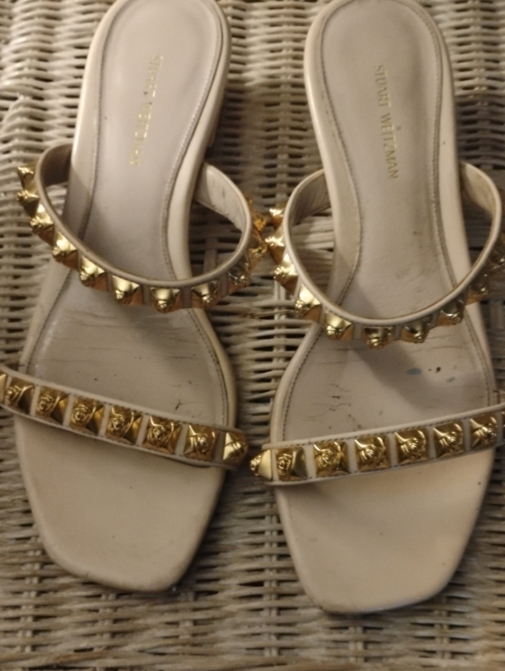 Stuart Weitzman Cream Slides with Gold Studs